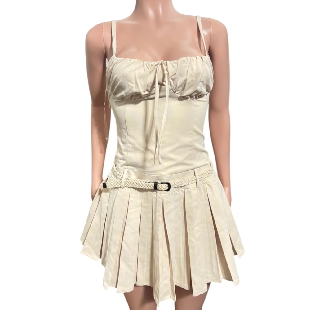 NWT ITZABELLA Women’s Chic Cream Pleated Mini Dress Taupe - Picture 3 of 16